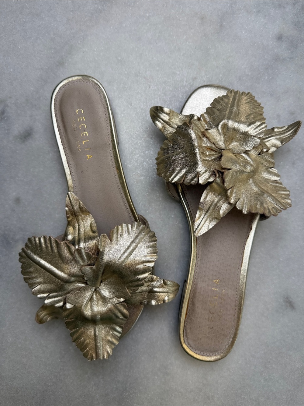 CeCe Gold Floral Leaf Slide Mules